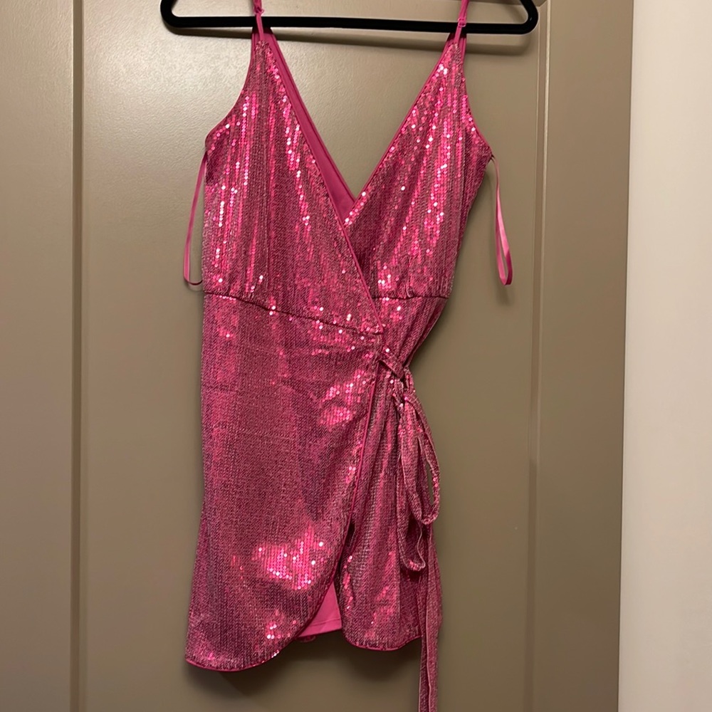 superdown pink sequin wrap dress